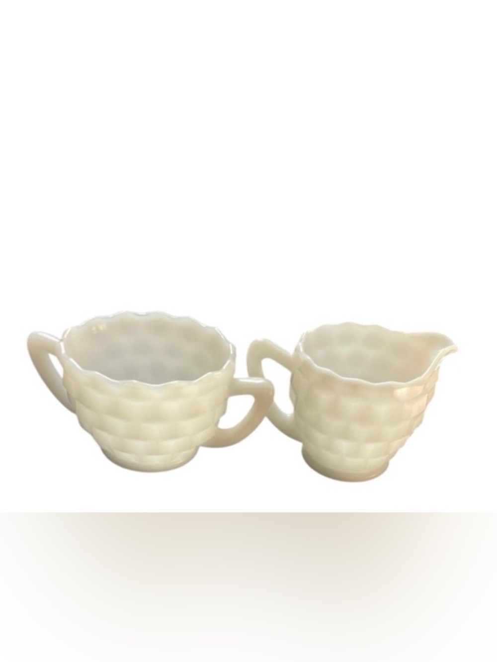 Vintage White Milk Glass Creamer and Sugar Set Cubist Diamond Point